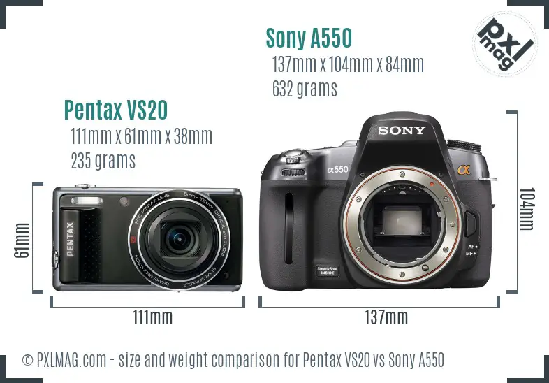 Pentax VS20 vs Sony A550 size comparison