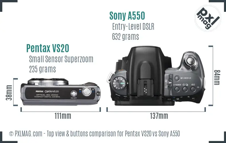 Pentax VS20 vs Sony A550 top view buttons comparison