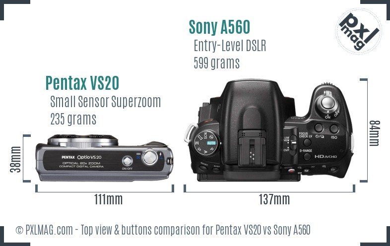 Pentax VS20 vs Sony A560 top view buttons comparison