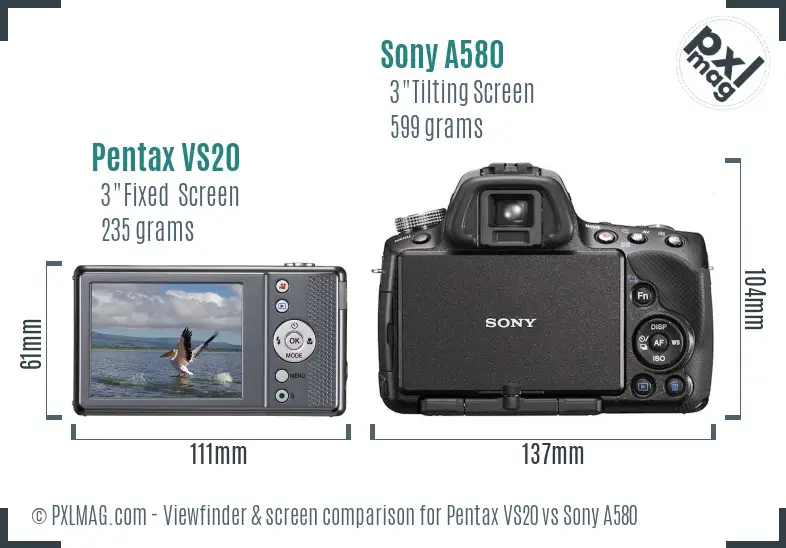 Pentax VS20 vs Sony A580 Screen and Viewfinder comparison Pentax VS20 vs Sony A580 Screen and Viewfinder comparison