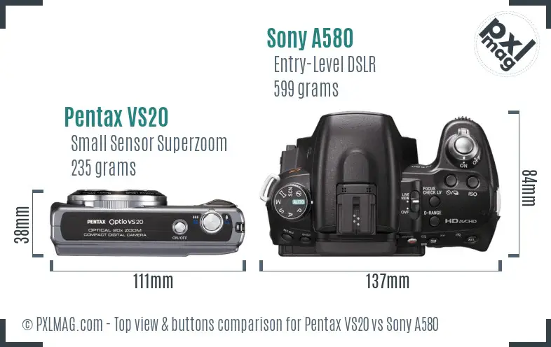 Pentax VS20 vs Sony A580 top view buttons comparison Pentax VS20 vs Sony A580 top view buttons comparison