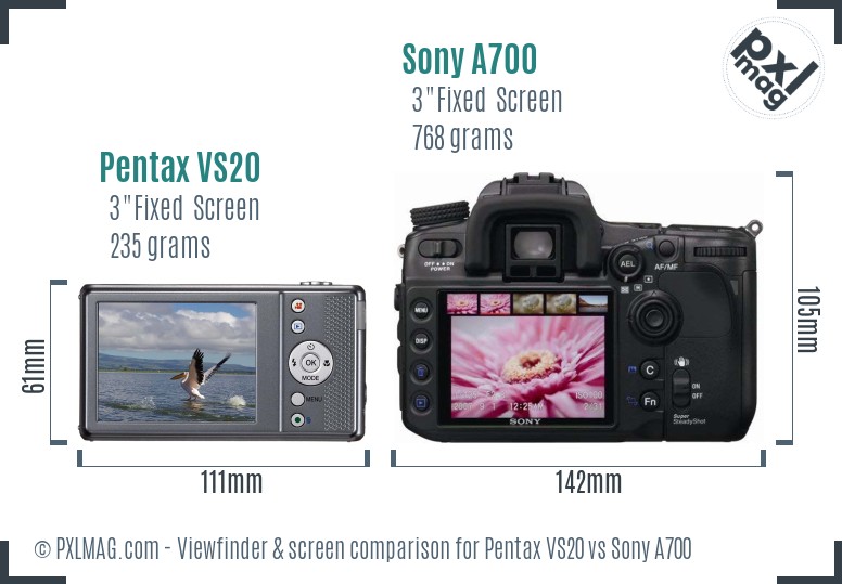 Pentax VS20 vs Sony A700 Screen and Viewfinder comparison