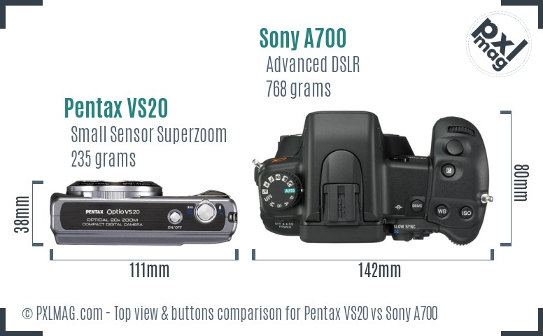 Pentax VS20 vs Sony A700 top view buttons comparison