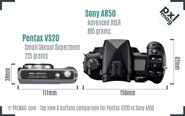 Pentax VS20 vs Sony A850 top view buttons comparison Pentax VS20 vs Sony A850 top view buttons comparison
