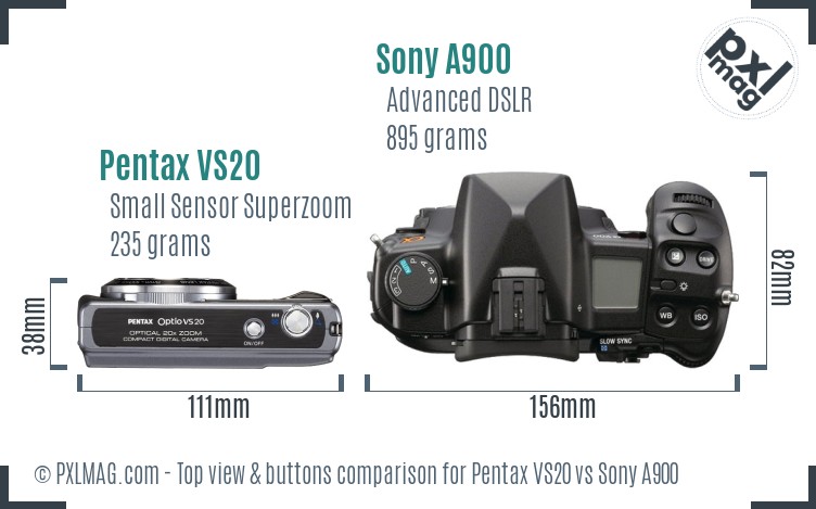 Pentax VS20 vs Sony A900 top view buttons comparison