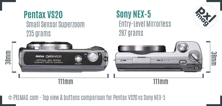 Pentax VS20 vs Sony NEX-5 top view buttons comparison