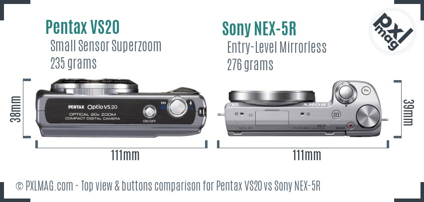 Pentax VS20 vs Sony NEX-5R top view buttons comparison