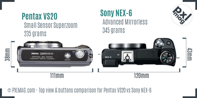 Pentax VS20 vs Sony NEX-6 top view buttons comparison