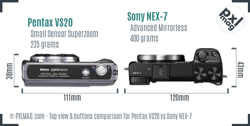 Pentax VS20 vs Sony NEX-7 top view buttons comparison