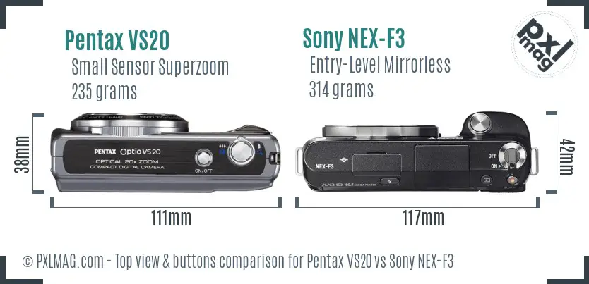 Pentax VS20 vs Sony NEX-F3 top view buttons comparison Pentax VS20 vs Sony NEX-F3 top view buttons comparison