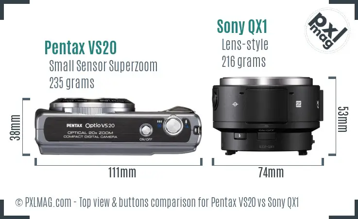 Pentax VS20 vs Sony QX1 top view buttons comparison