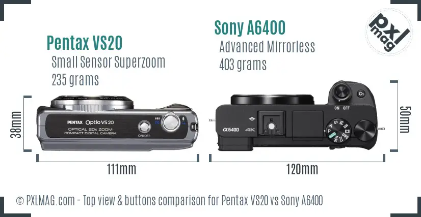 Pentax VS20 vs Sony A6400 top view buttons comparison