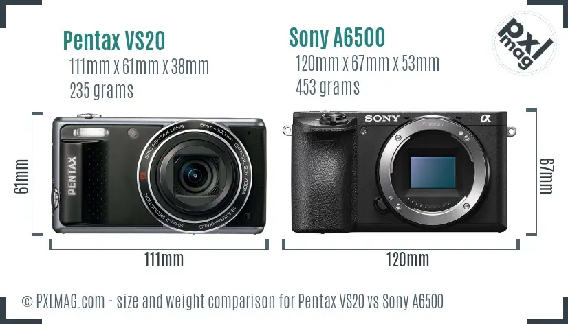 Pentax VS20 vs Sony A6500 size comparison