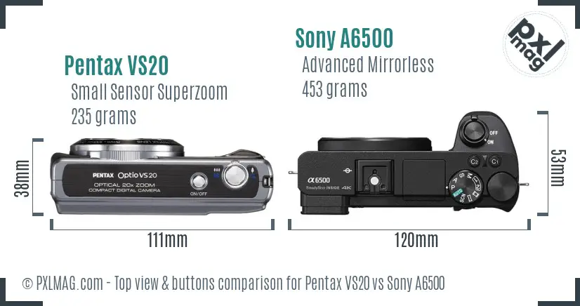 Pentax VS20 vs Sony A6500 top view buttons comparison