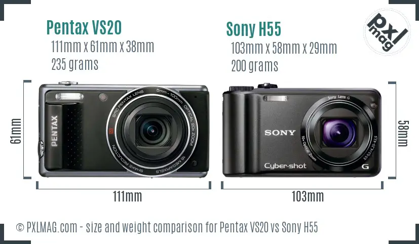 Pentax VS20 vs Sony H55 size comparison