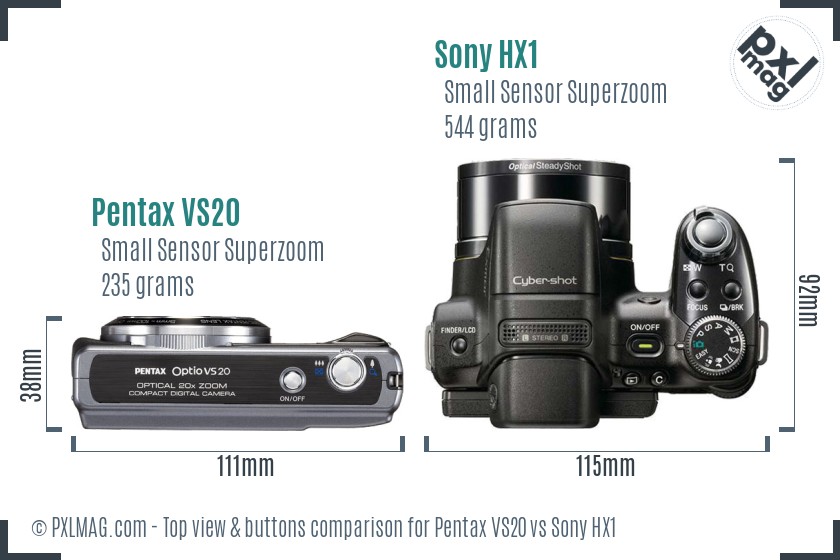 Pentax VS20 vs Sony HX1 top view buttons comparison