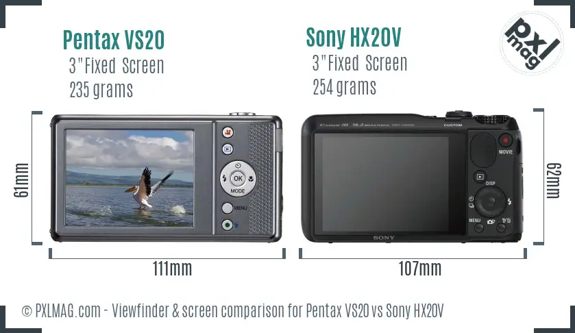 Pentax VS20 vs Sony HX20V Screen and Viewfinder comparison