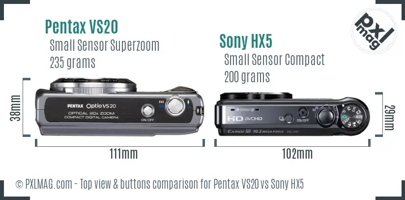 Pentax VS20 vs Sony HX5 top view buttons comparison Pentax VS20 vs Sony HX5 top view buttons comparison
