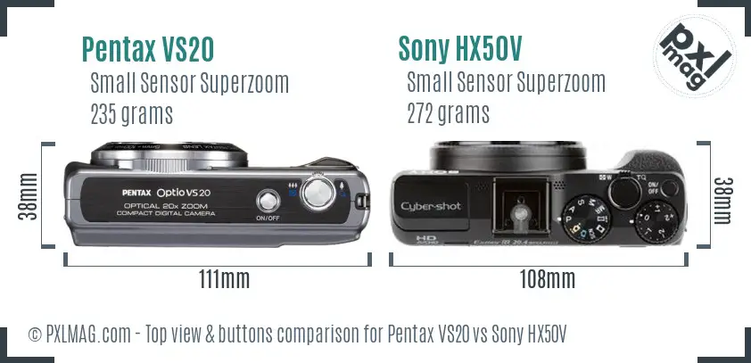 Pentax VS20 vs Sony HX50V top view buttons comparison