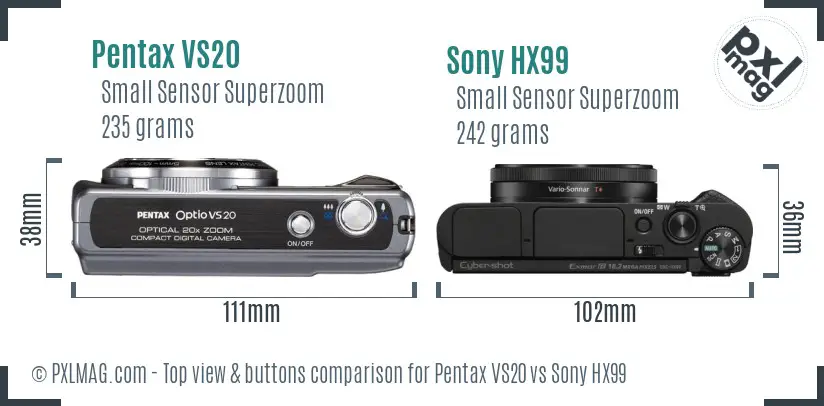 Pentax VS20 vs Sony HX99 top view buttons comparison