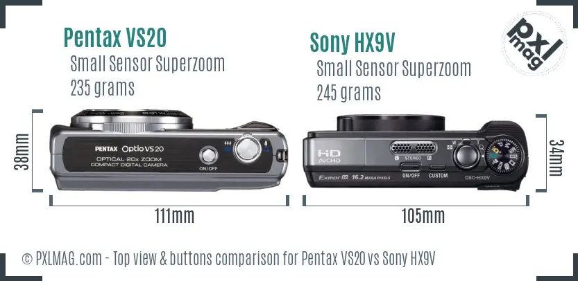 Pentax VS20 vs Sony HX9V top view buttons comparison