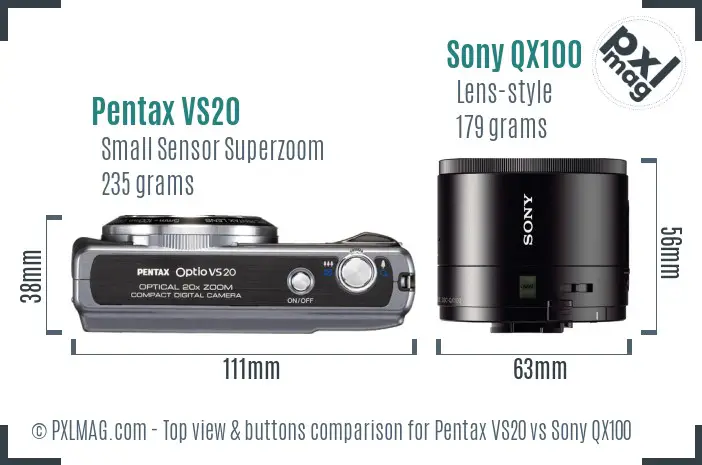 Pentax VS20 vs Sony QX100 top view buttons comparison Pentax VS20 vs Sony QX100 top view buttons comparison
