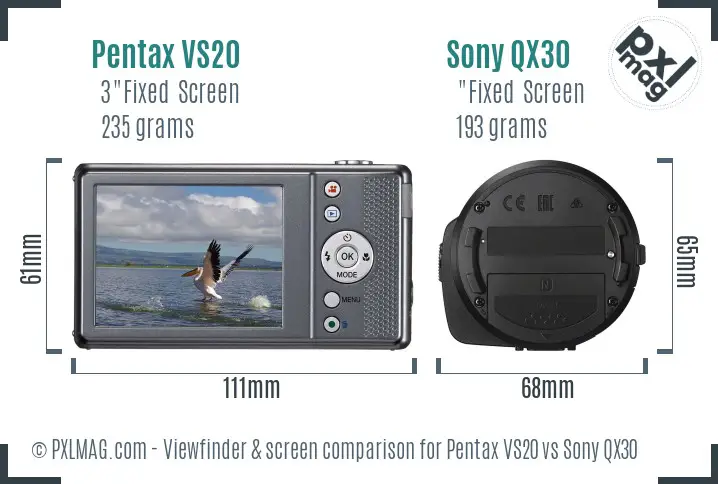 Pentax VS20 vs Sony QX30 Screen and Viewfinder comparison