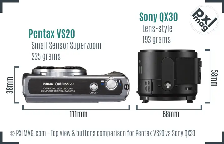 Pentax VS20 vs Sony QX30 top view buttons comparison