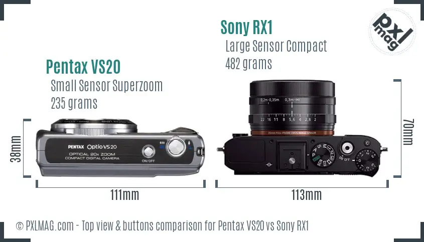 Pentax VS20 vs Sony RX1 top view buttons comparison