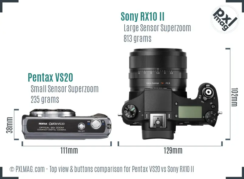 Pentax VS20 vs Sony RX10 II top view buttons comparison