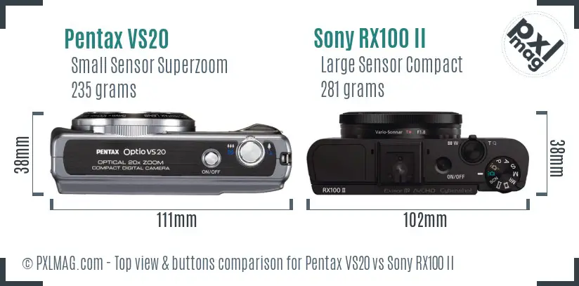 Pentax VS20 vs Sony RX100 II top view buttons comparison