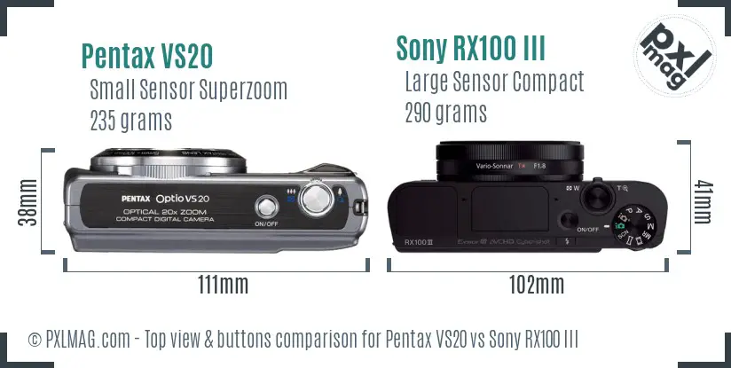 Pentax VS20 vs Sony RX100 III top view buttons comparison