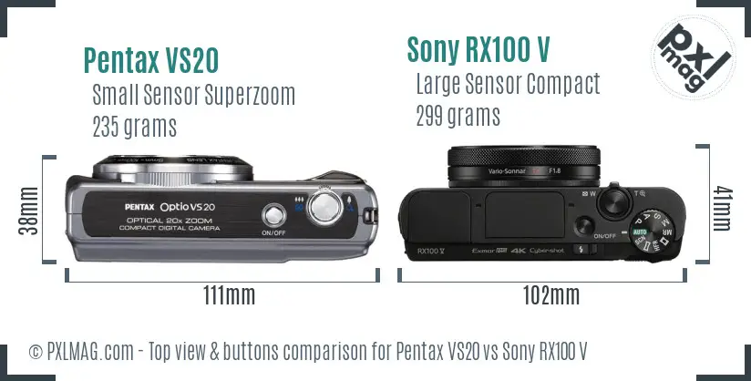 Pentax VS20 vs Sony RX100 V top view buttons comparison