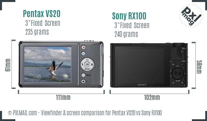 Pentax VS20 vs Sony RX100 Screen and Viewfinder comparison