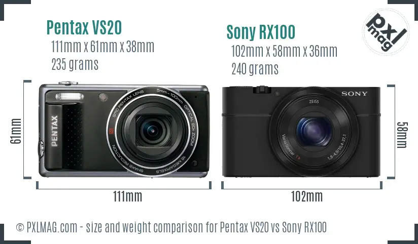 Pentax VS20 vs Sony RX100 size comparison