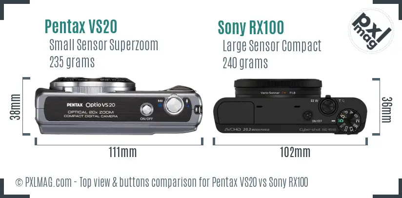 Pentax VS20 vs Sony RX100 top view buttons comparison