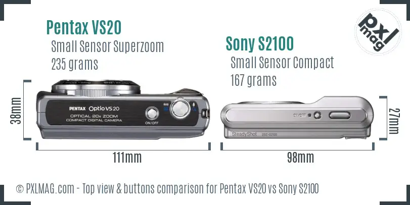 Pentax VS20 vs Sony S2100 top view buttons comparison