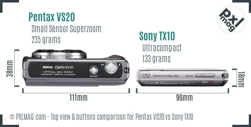 Pentax VS20 vs Sony TX10 top view buttons comparison Pentax VS20 vs Sony TX10 top view buttons comparison