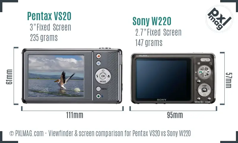 Pentax VS20 vs Sony W220 Screen and Viewfinder comparison