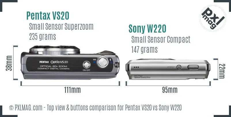 Pentax VS20 vs Sony W220 top view buttons comparison