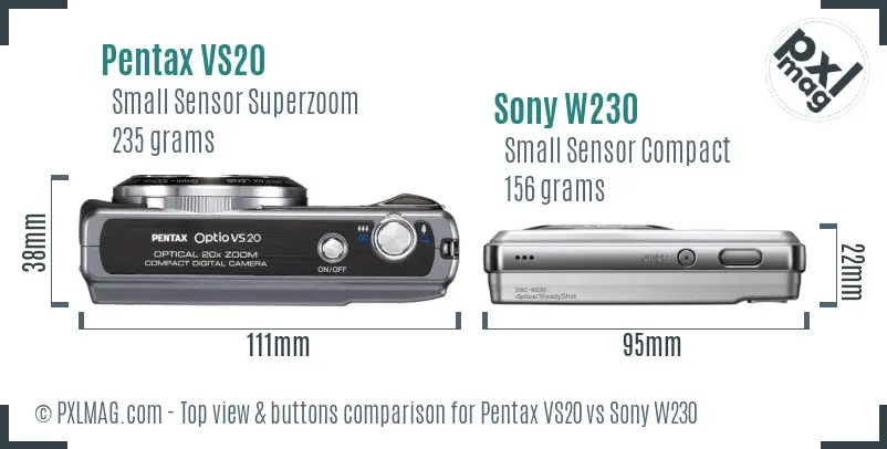 Pentax VS20 vs Sony W230 top view buttons comparison Pentax VS20 vs Sony W230 top view buttons comparison