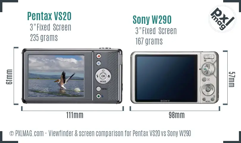 Pentax VS20 vs Sony W290 Screen and Viewfinder comparison