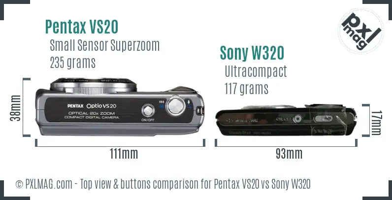 Pentax VS20 vs Sony W320 top view buttons comparison