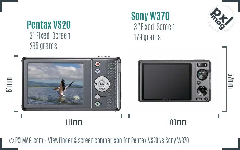 Pentax VS20 vs Sony W370 Screen and Viewfinder comparison