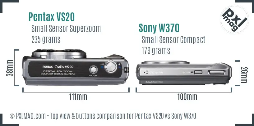 Pentax VS20 vs Sony W370 top view buttons comparison