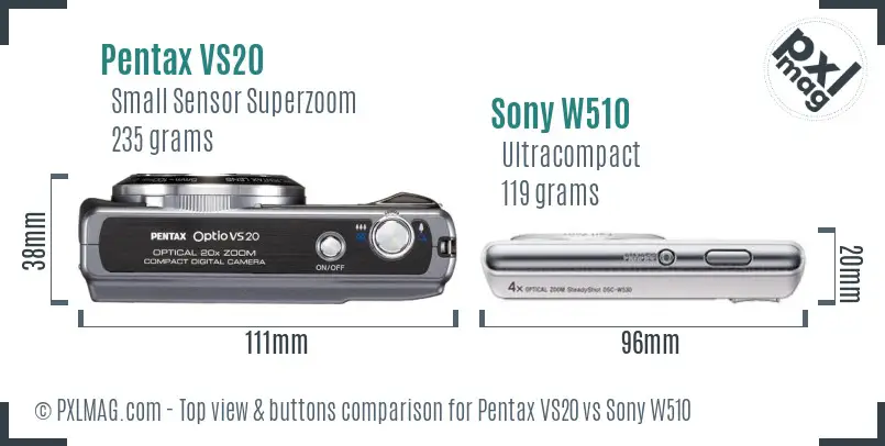 Pentax VS20 vs Sony W510 top view buttons comparison Pentax VS20 vs Sony W510 top view buttons comparison