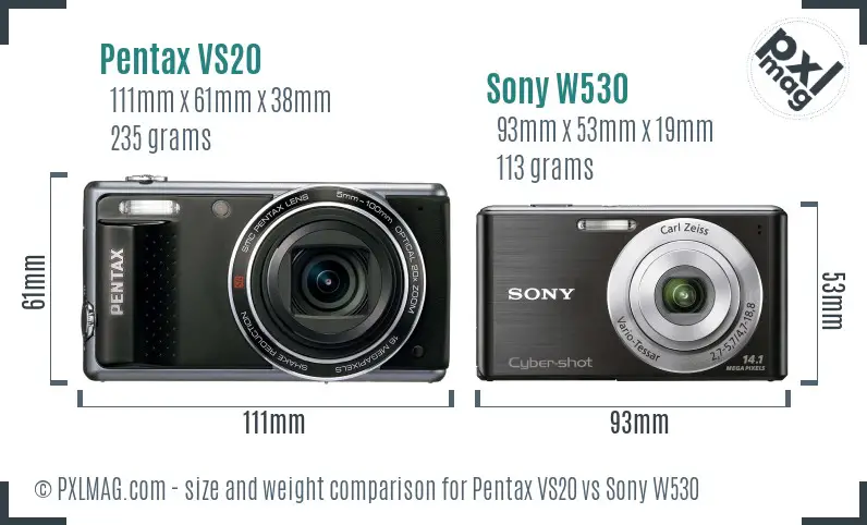 Pentax VS20 vs Sony W530 size comparison