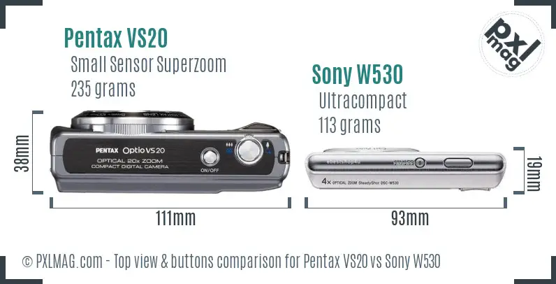 Pentax VS20 vs Sony W530 top view buttons comparison