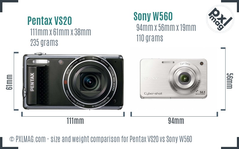 Pentax VS20 vs Sony W560 size comparison