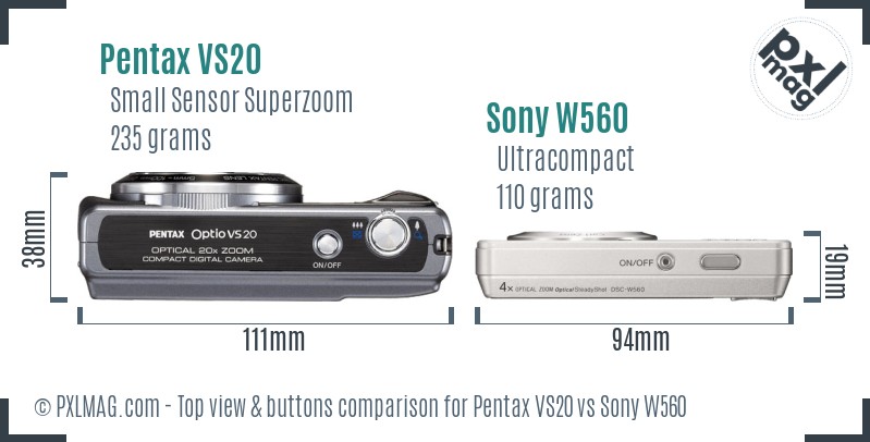 Pentax VS20 vs Sony W560 top view buttons comparison